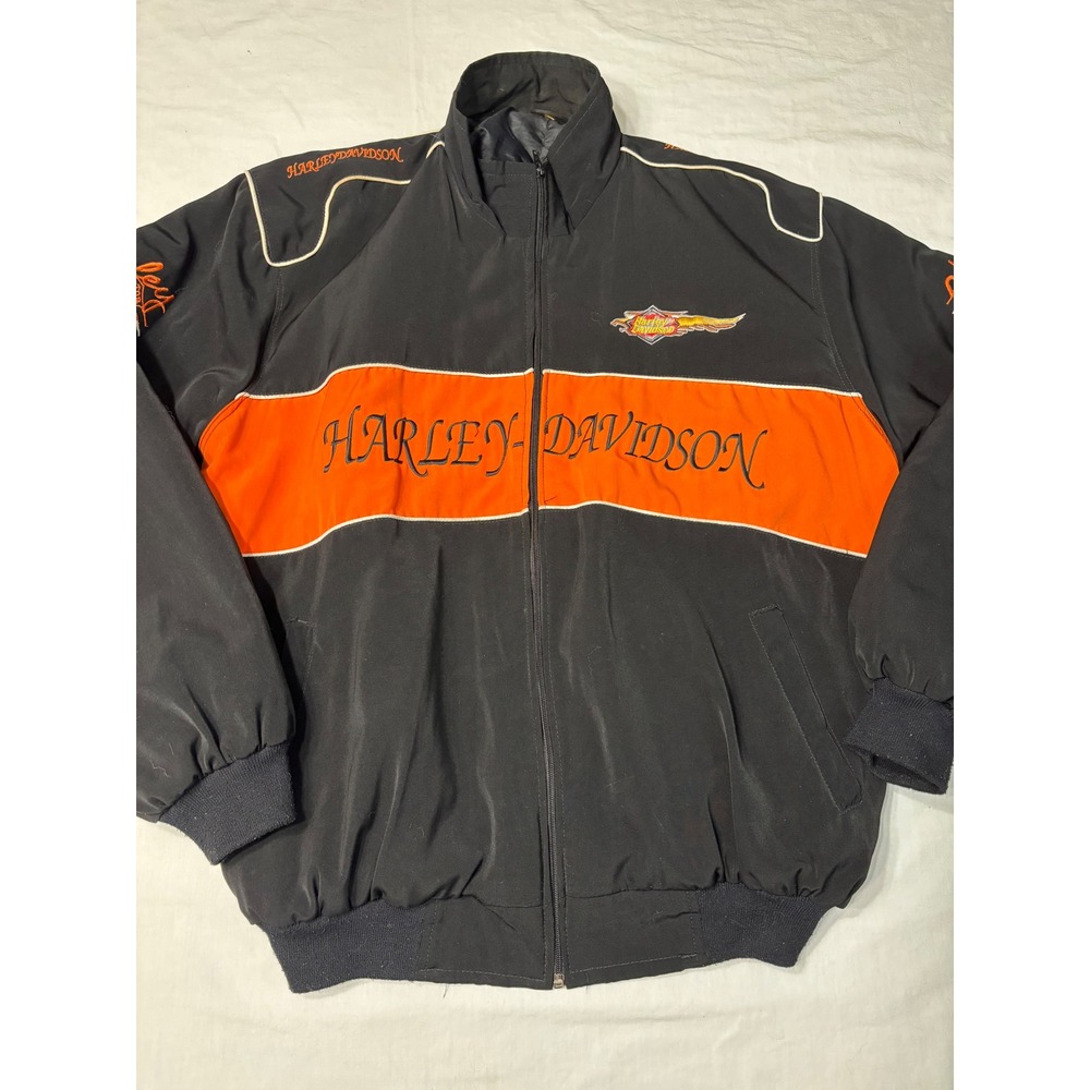 Vintage Harley Davidson Bomber Jacket XL Black Orange Embroidered Racing Zip Up